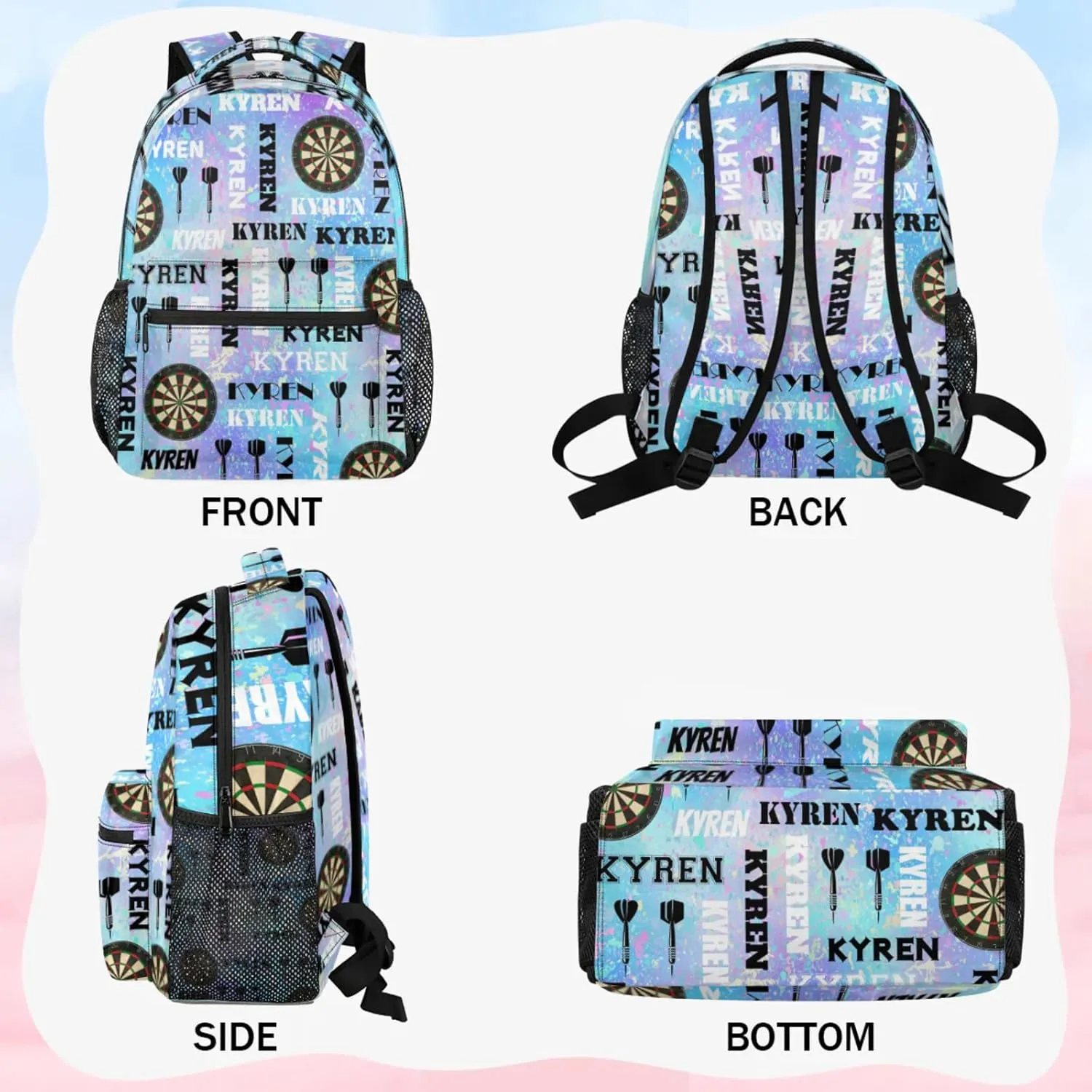 Personalized Name Darts Backpack, Custom Sports Bag Backpack for Men Women, Laptop Backpacks Travel Camping Daypack, Blue Purple