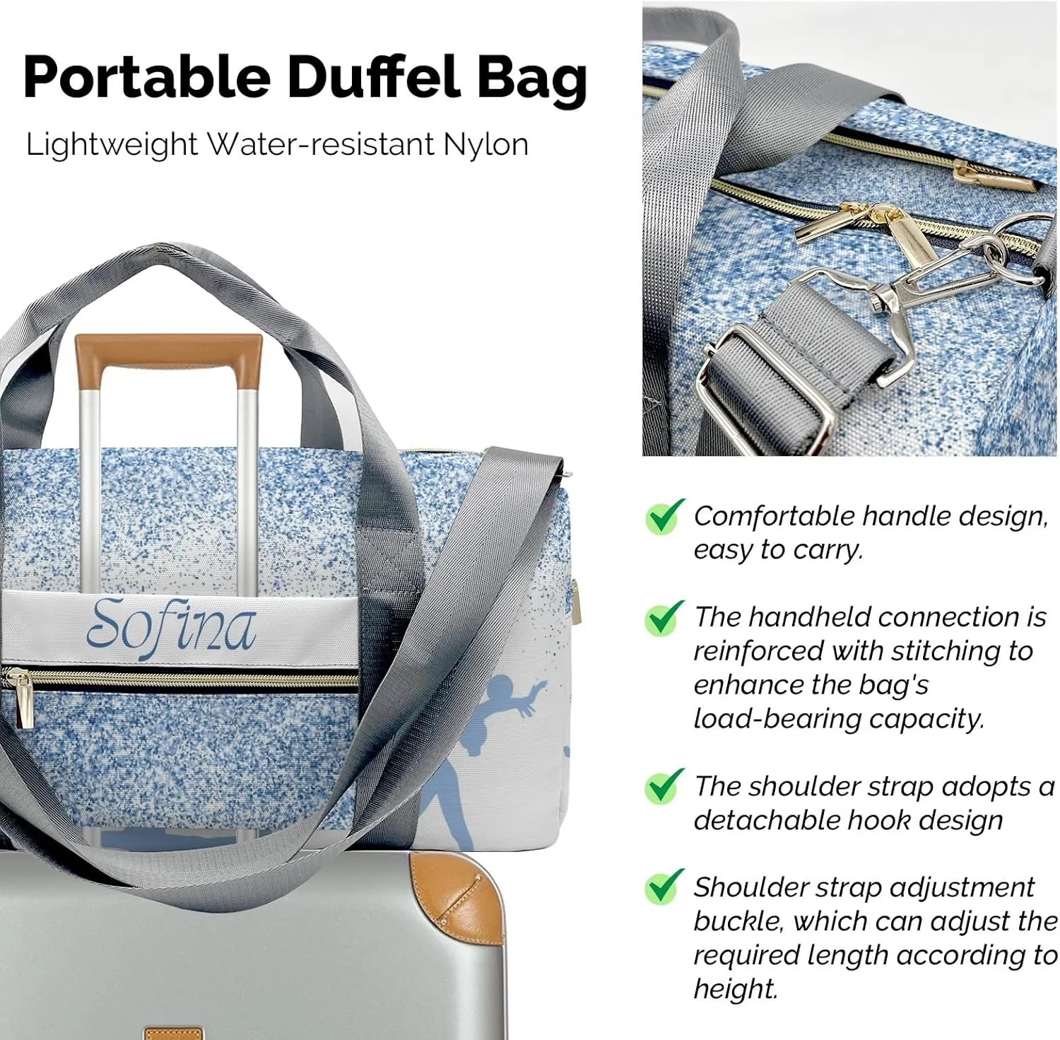 Personalized Name Duffel Bag Blue Glitter Inbakerdoek Rhythmic Gymnastics On-the-Go Fitness: Travel Bags Designed for Active Living