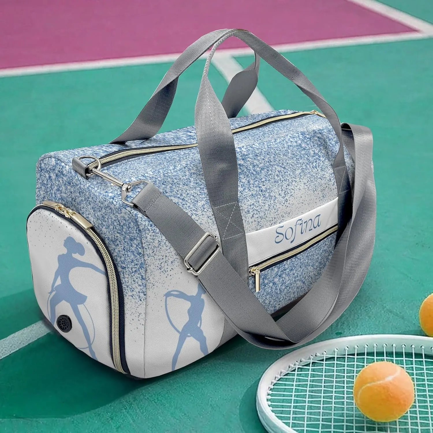 Personalized Name Duffel Bag Blue Glitter Rhythmic Gymnastics Ribbon Sport Ultimate Travel Bags: Your Companion for Every Adventure