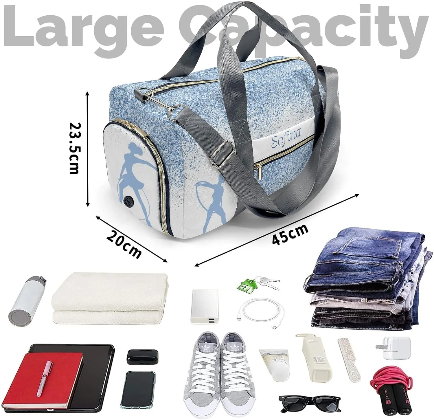 Personalized Name Duffel Bag Blue Glitter Rhythmic Gymnastics Ribbon Sport Ultimate Travel Bags: Your Companion for Every Adventure