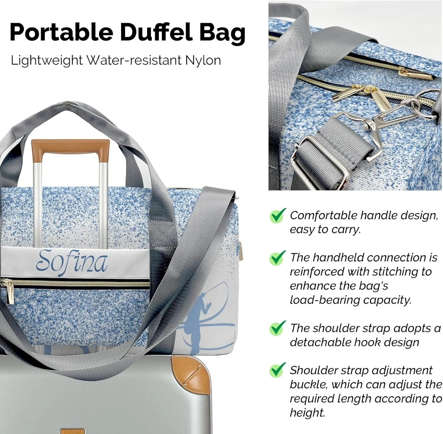 Personalized Name Duffel Bag Blue Glitter Rhythmic Gymnastics Ribbon Sport Ultimate Travel Bags: Your Companion for Every Adventure