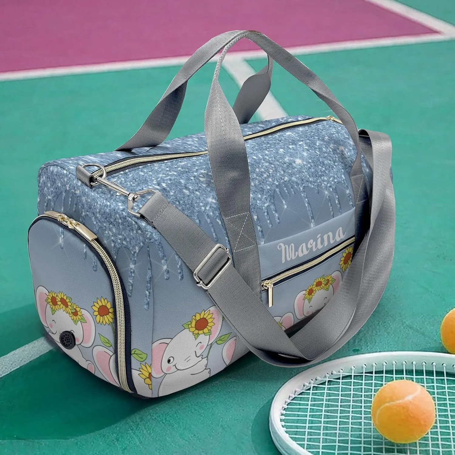 Personalized Name Duffel Bag Dripping Blue Glitter Elephant Sunflower On-the-Go Fitness: Travel Bags Designed for Active Living