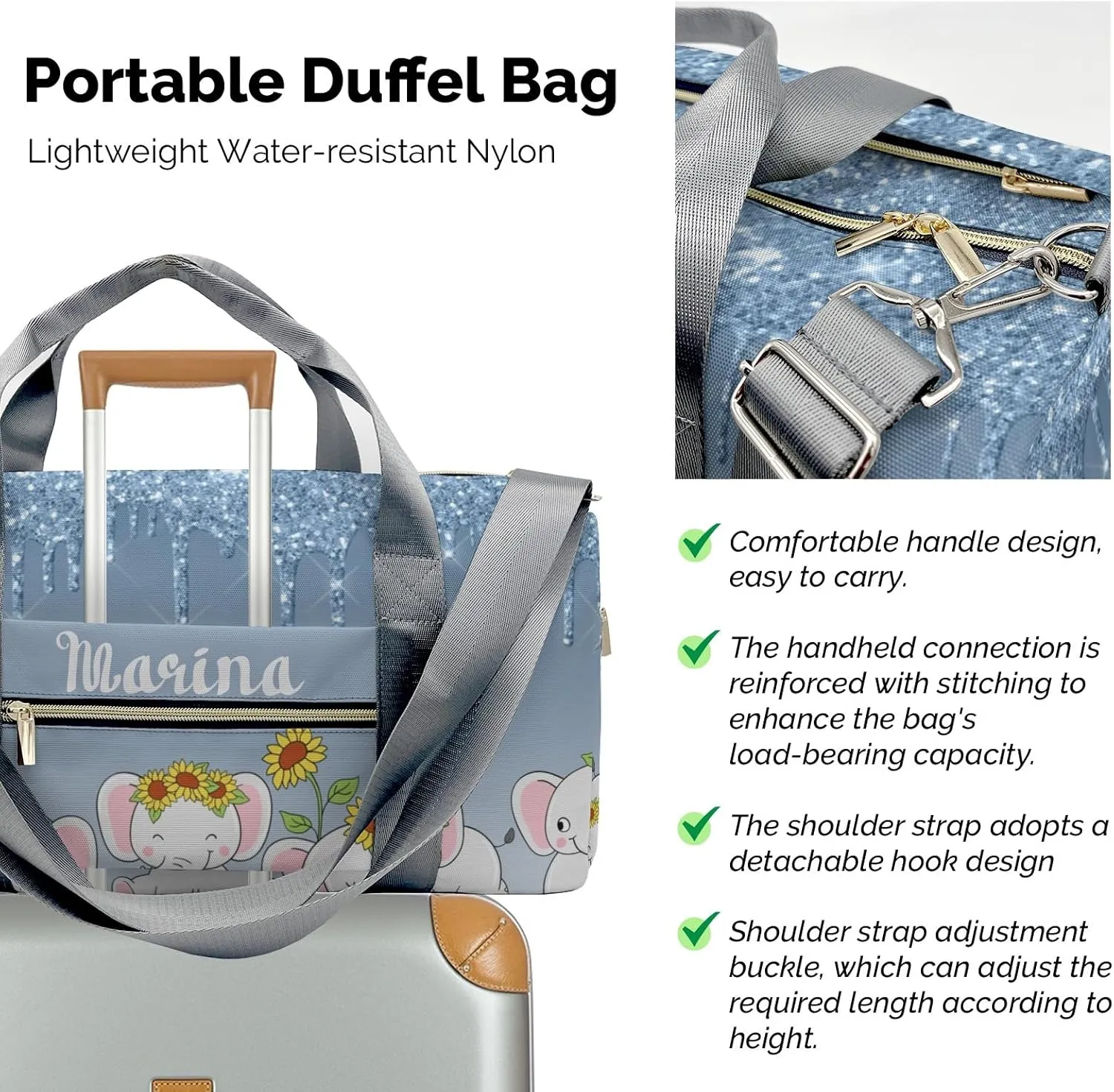 Personalized Name Duffel Bag Dripping Blue Glitter Elephant Sunflower On-the-Go Fitness: Travel Bags Designed for Active Living