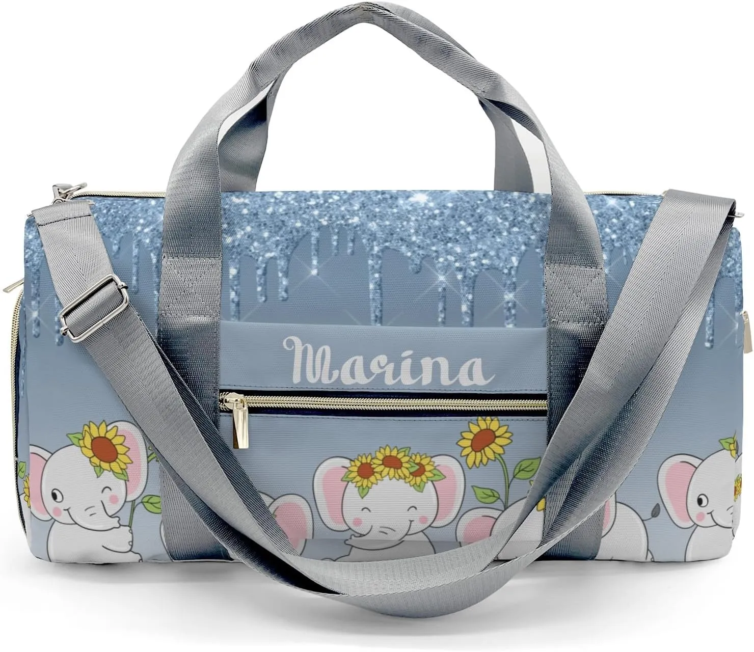Personalized Name Duffel Bag Dripping Blue Glitter Elephant Sunflower On-the-Go Fitness: Travel Bags Designed for Active Living