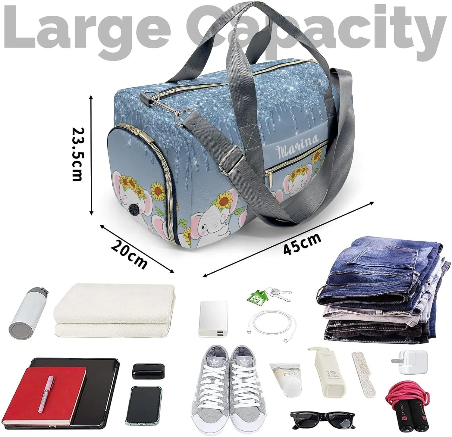Personalized Name Duffel Bag Dripping Blue Glitter Elephant Sunflower On-the-Go Fitness: Travel Bags Designed for Active Living