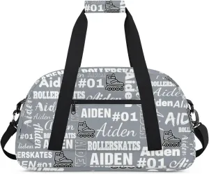 Personalized Name Roller Skates Duffle Bags Custom Number Sports Gym Bag Weekender Overnight Training Bag, Gray