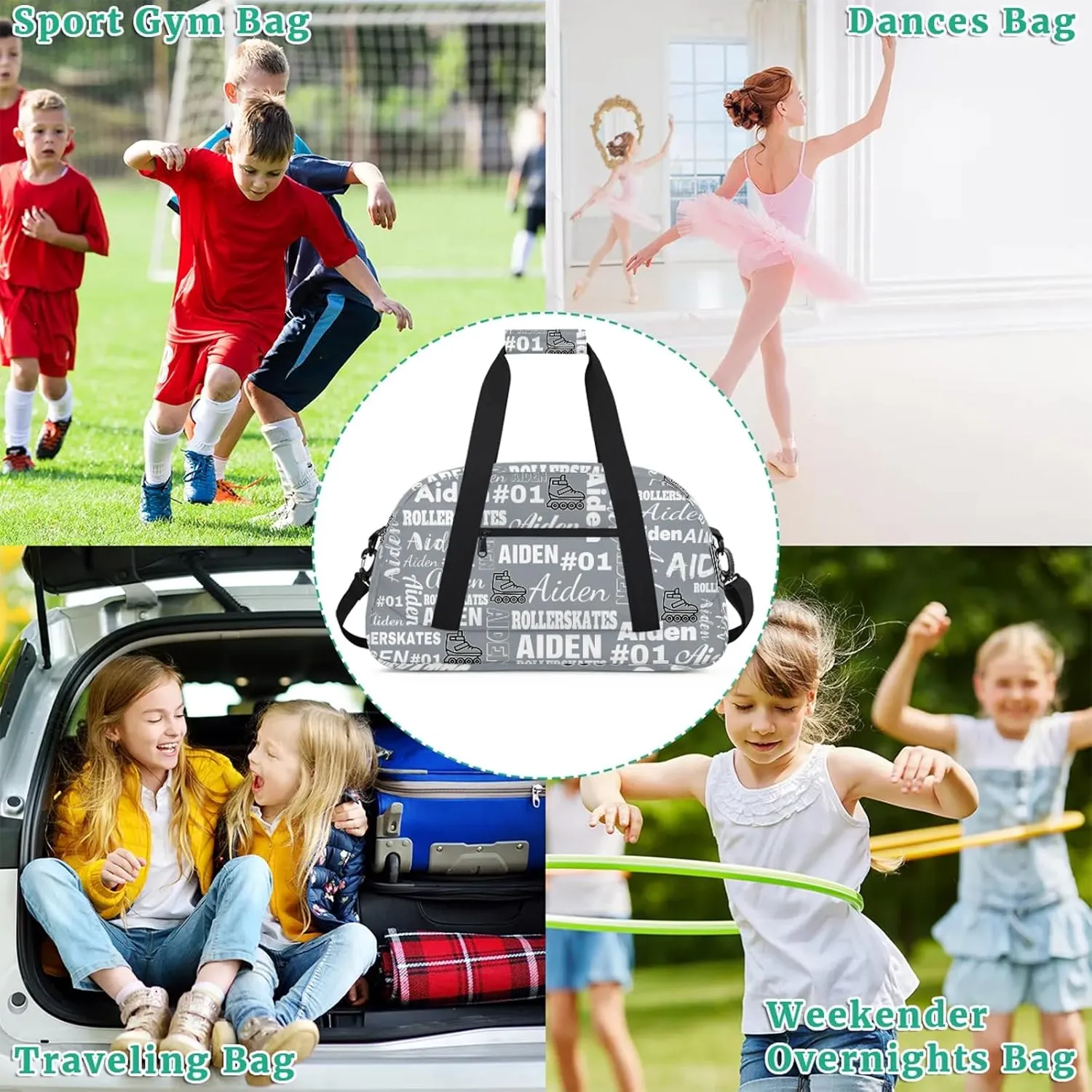 Personalized Name Roller Skates Duffle Bags Custom Number Sports Gym Bag Weekender Overnight Training Bag, Gray