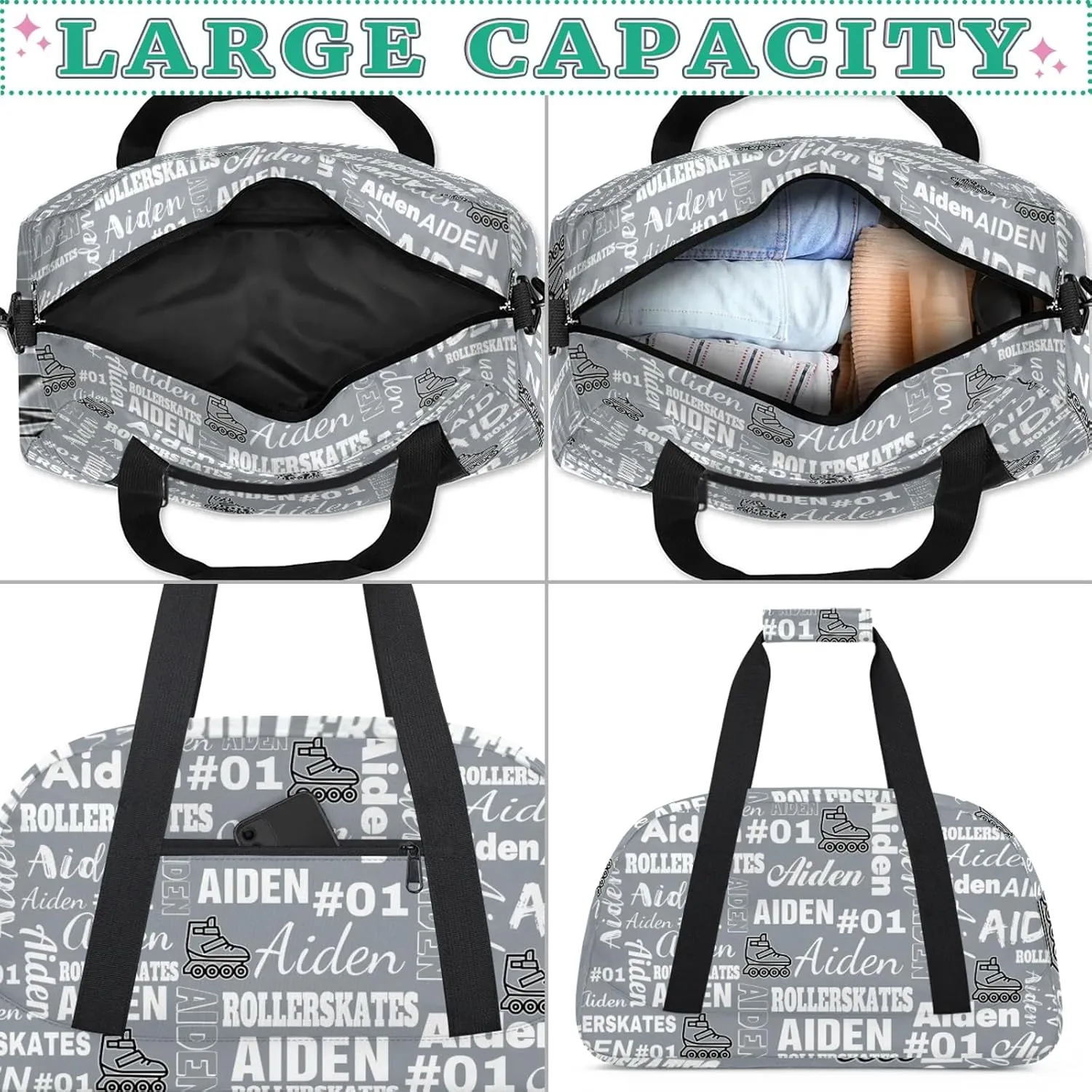 Personalized Name Roller Skates Duffle Bags Custom Number Sports Gym Bag Weekender Overnight Training Bag, Gray