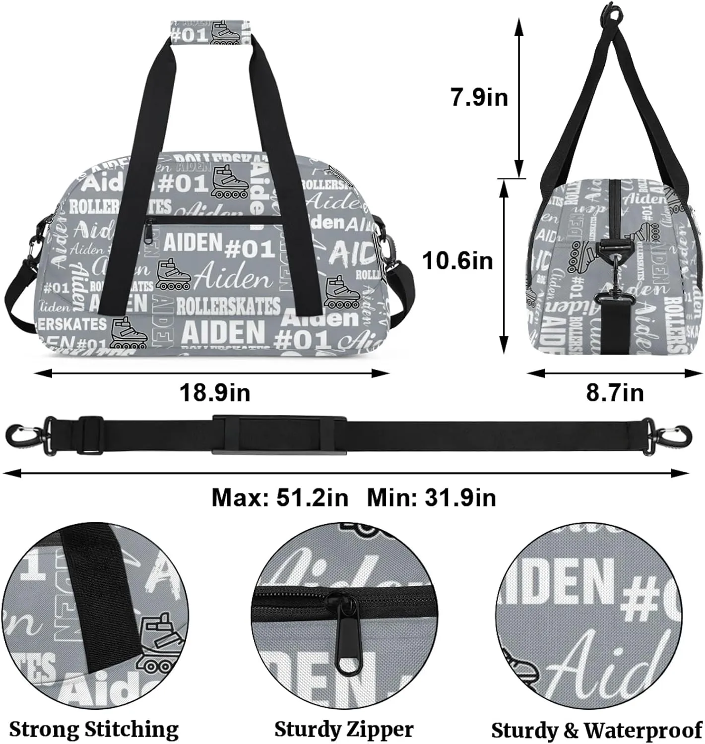 Personalized Name Roller Skates Duffle Bags Custom Number Sports Gym Bag Weekender Overnight Training Bag, Gray