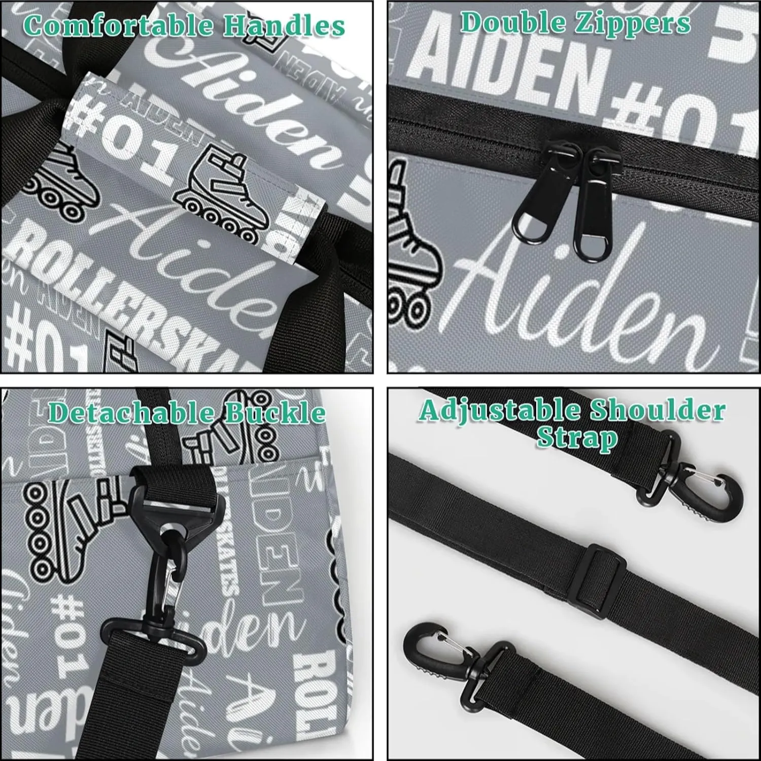 Personalized Name Roller Skates Duffle Bags Custom Number Sports Gym Bag Weekender Overnight Training Bag, Gray