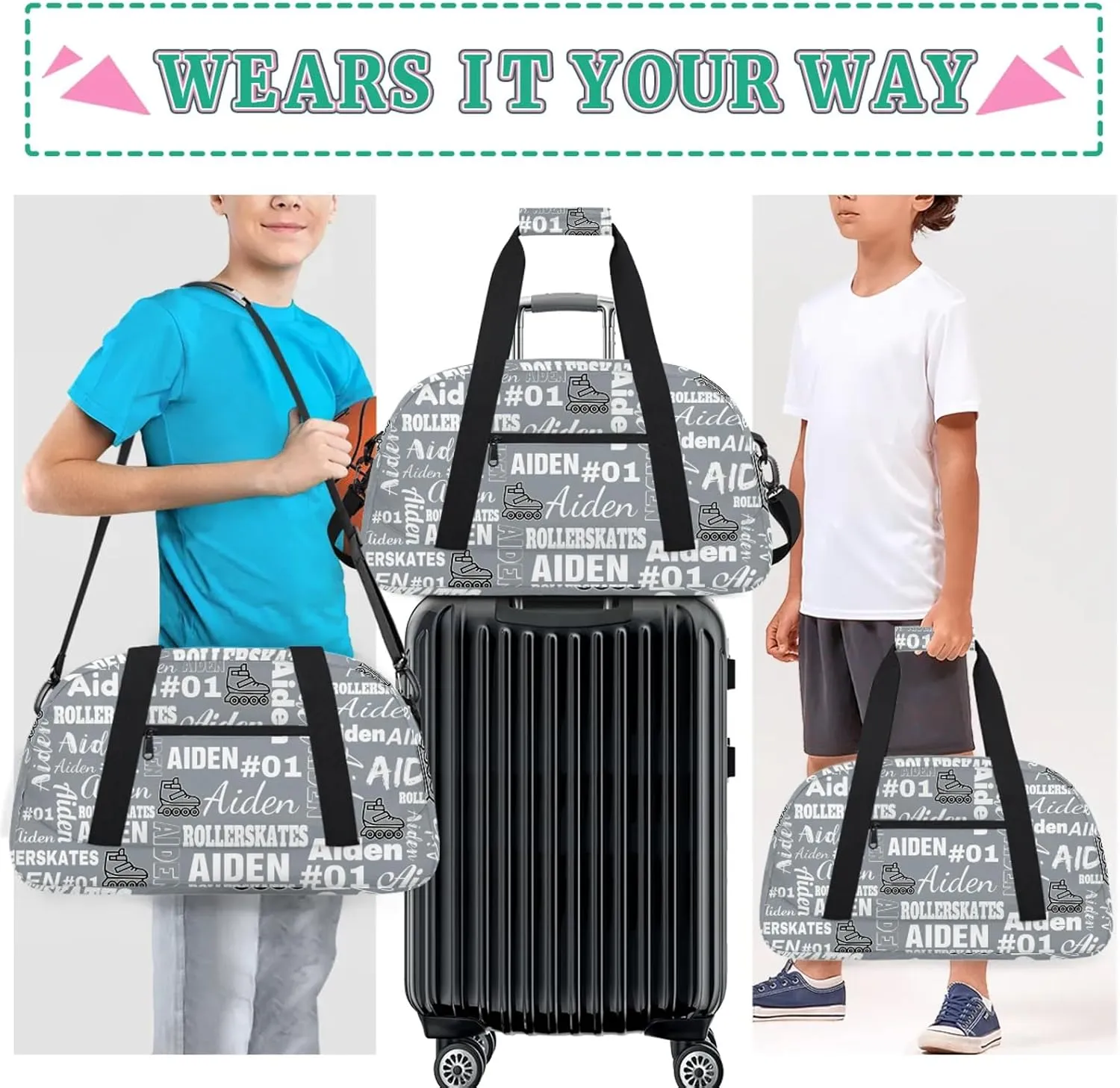 Personalized Name Roller Skates Duffle Bags Custom Number Sports Gym Bag Weekender Overnight Training Bag, Gray