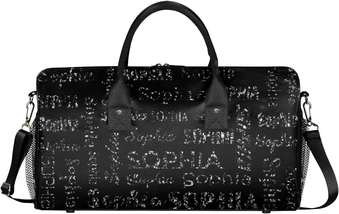 Personalized Name Travel Duffel Bag, Custom Gym Bag for Women Men, Black Overnight Weekend Bags, Dance Bag, Honeymoon Bag Personalized Gift, Black Glitter