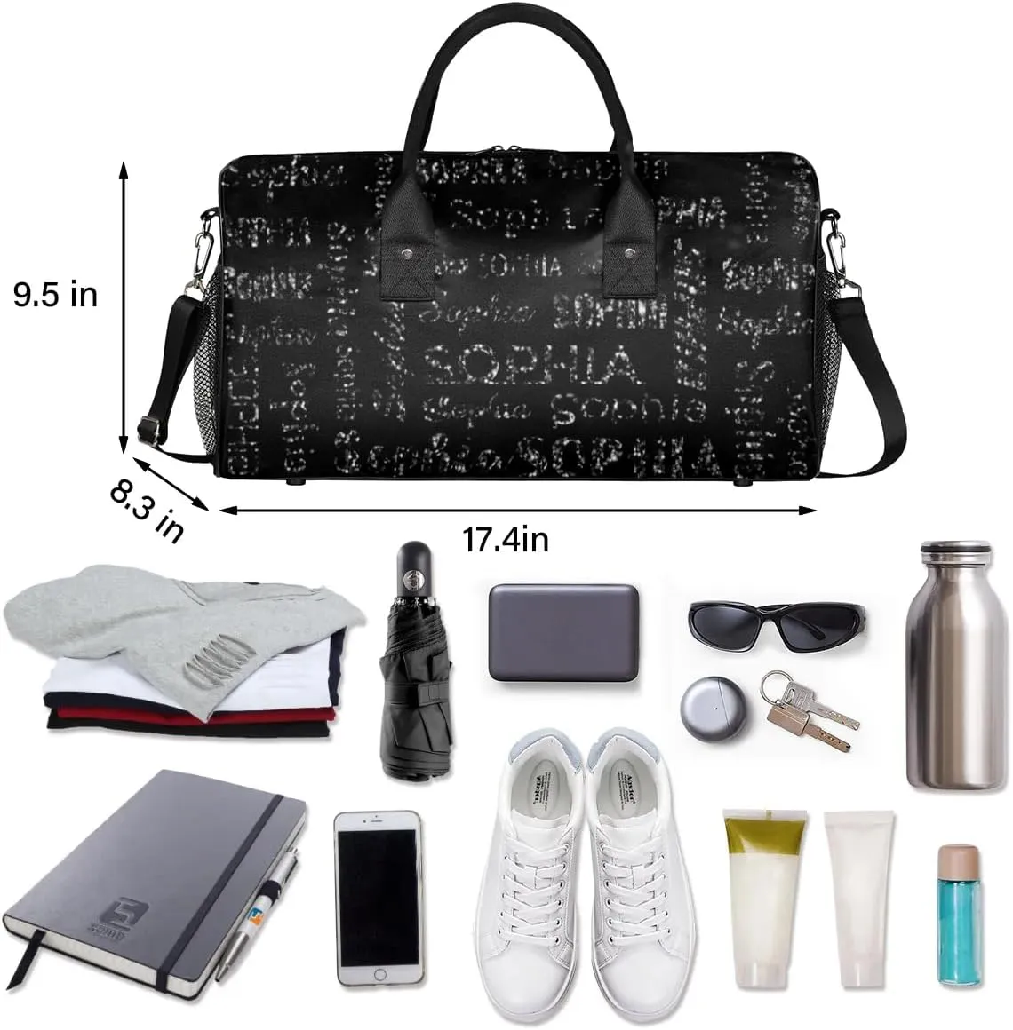 Personalized Name Travel Duffel Bag, Custom Gym Bag for Women Men, Black Overnight Weekend Bags, Dance Bag, Honeymoon Bag Personalized Gift, Black Glitter
