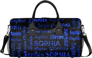 Personalized Name Travel Duffel Bag, Custom Gym Bag for Women Men, Black Overnight Weekend Bags, Dance Bag, Honeymoon Bag Personalized Gift, Blue Glitter