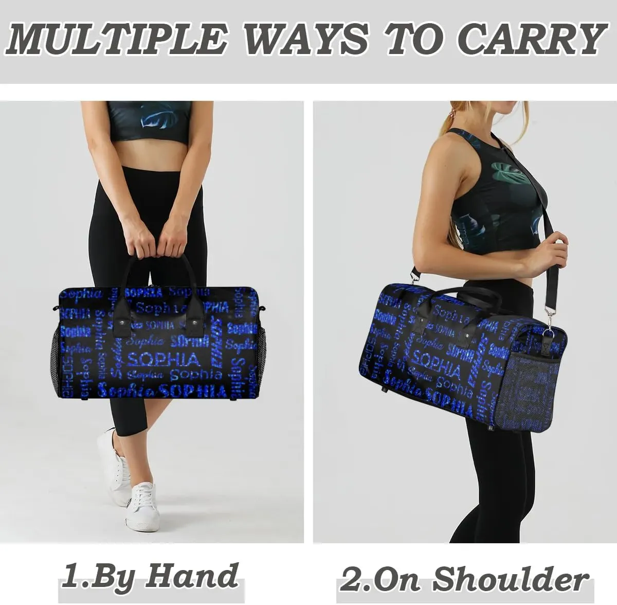 Personalized Name Travel Duffel Bag, Custom Gym Bag for Women Men, Black Overnight Weekend Bags, Dance Bag, Honeymoon Bag Personalized Gift, Blue Glitter