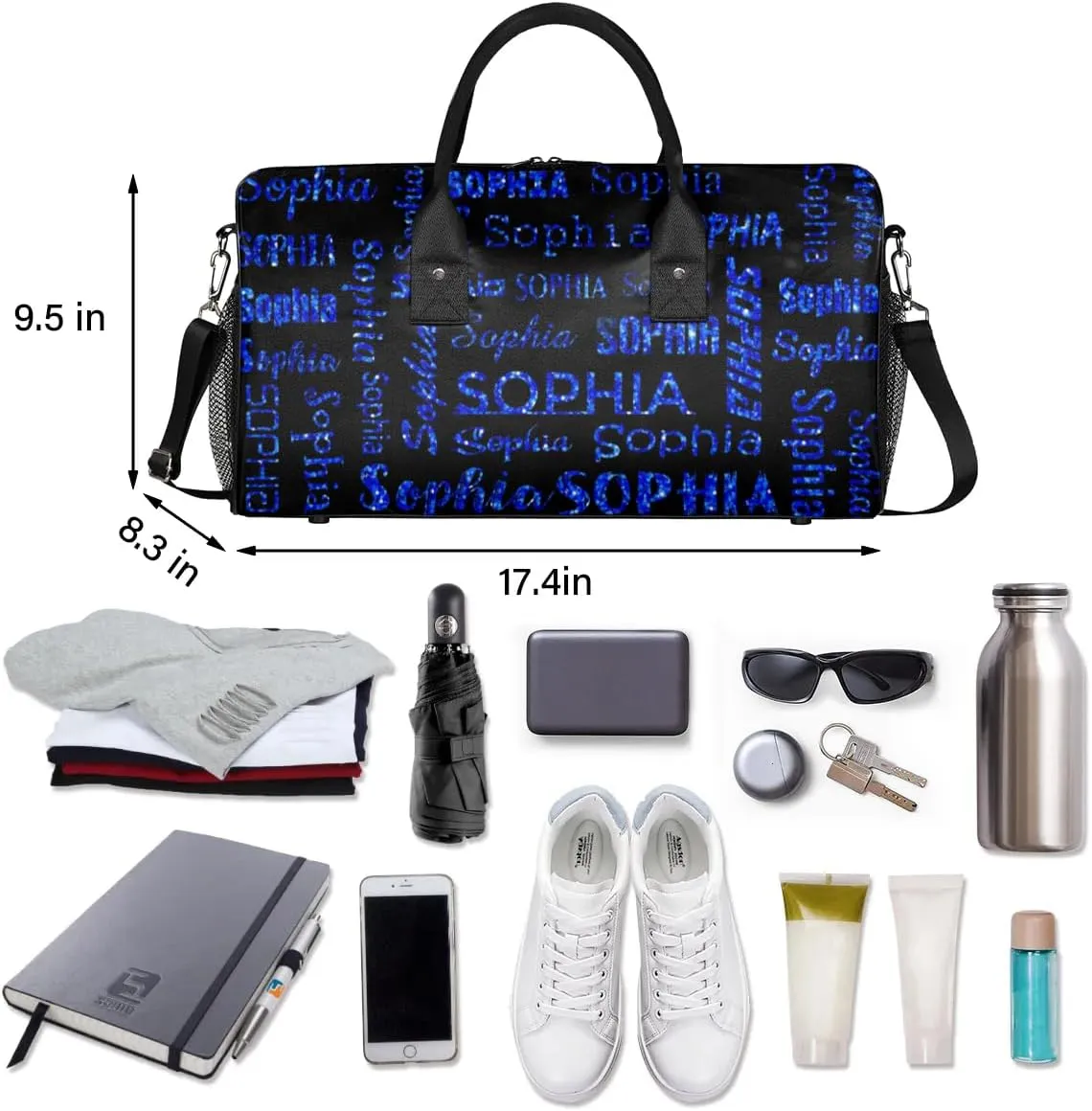 Personalized Name Travel Duffel Bag, Custom Gym Bag for Women Men, Black Overnight Weekend Bags, Dance Bag, Honeymoon Bag Personalized Gift, Blue Glitter