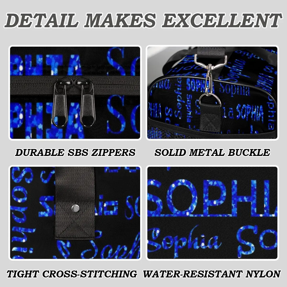 Personalized Name Travel Duffel Bag, Custom Gym Bag for Women Men, Black Overnight Weekend Bags, Dance Bag, Honeymoon Bag Personalized Gift, Blue Glitter