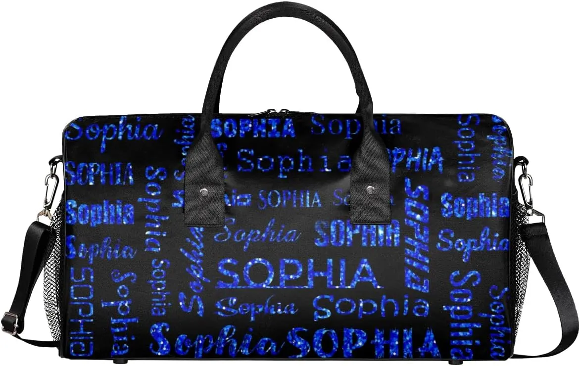 Personalized Name Travel Duffel Bag, Custom Gym Bag for Women Men, Black Overnight Weekend Bags, Dance Bag, Honeymoon Bag Personalized Gift, Blue Glitter