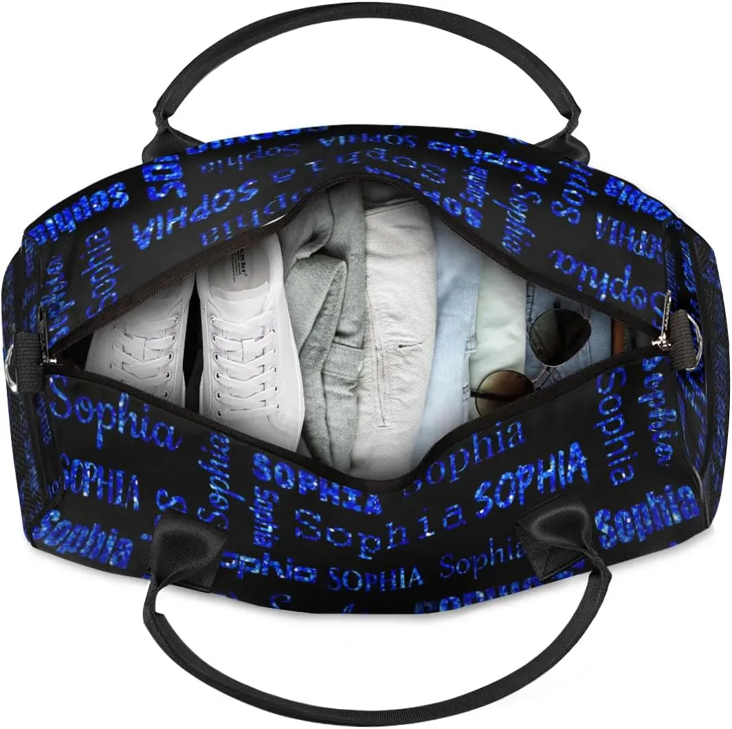 Personalized Name Travel Duffel Bag, Custom Gym Bag for Women Men, Black Overnight Weekend Bags, Dance Bag, Honeymoon Bag Personalized Gift, Blue Glitter