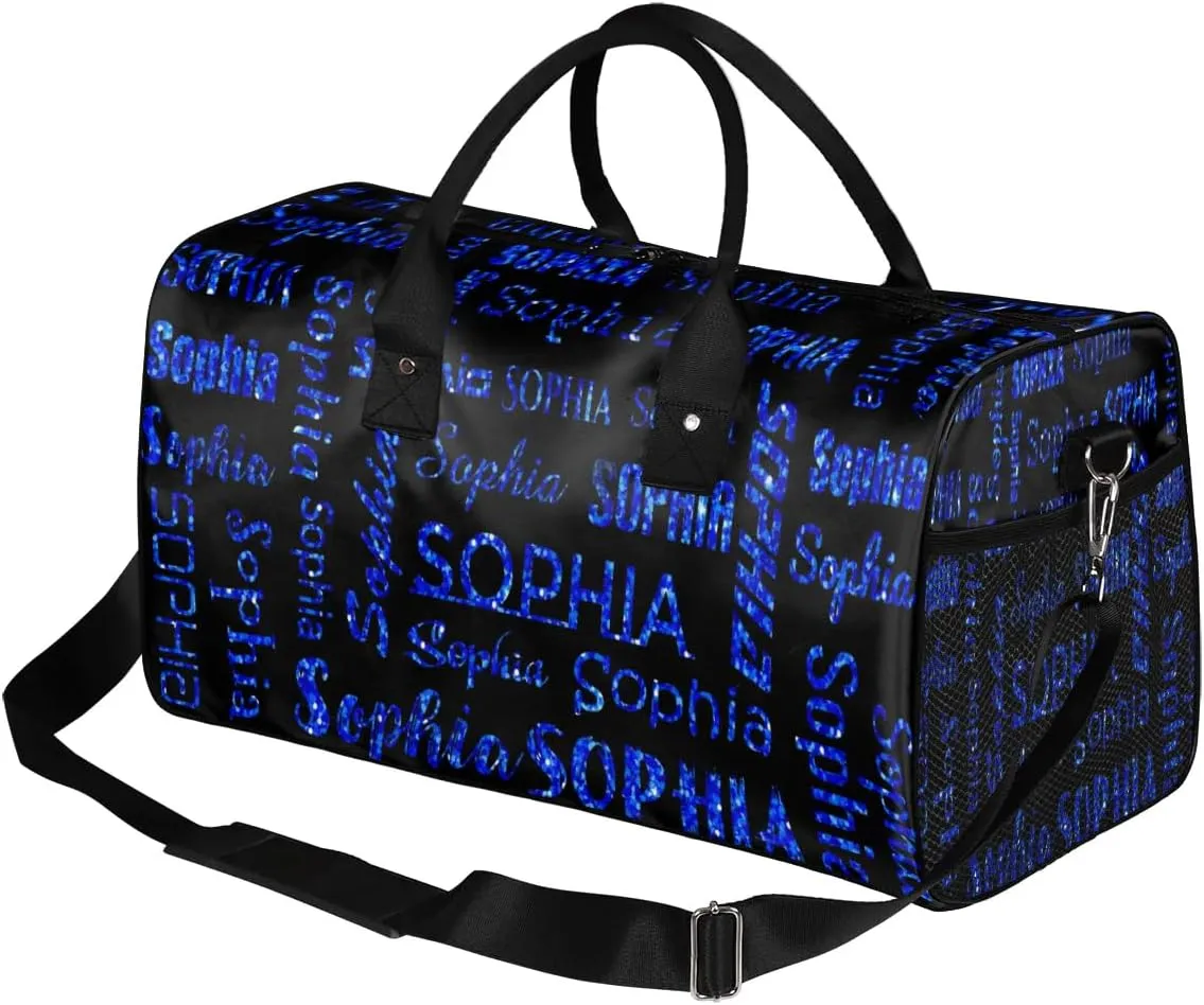 Personalized Name Travel Duffel Bag, Custom Gym Bag for Women Men, Black Overnight Weekend Bags, Dance Bag, Honeymoon Bag Personalized Gift, Blue Glitter