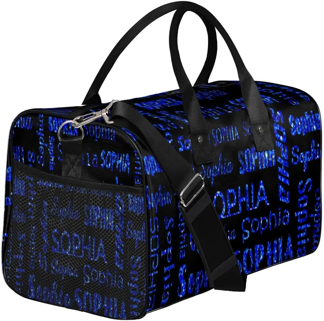 Personalized Name Travel Duffel Bag, Custom Gym Bag for Women Men, Black Overnight Weekend Bags, Dance Bag, Honeymoon Bag Personalized Gift, Blue Glitter