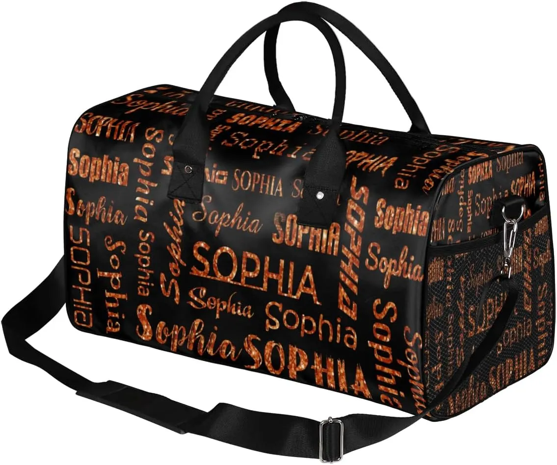 Personalized Name Travel Duffel Bag, Custom Gym Bag for Women Men, Black Overnight Weekend Bags, Dance Bag, Honeymoon Bag Personalized Gift, Dark Orange Glitter