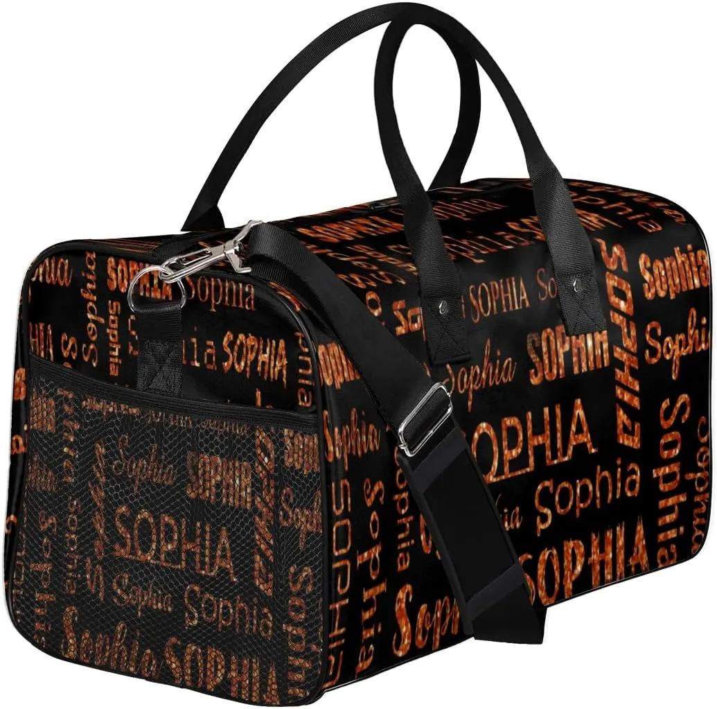 Personalized Name Travel Duffel Bag, Custom Gym Bag for Women Men, Black Overnight Weekend Bags, Dance Bag, Honeymoon Bag Personalized Gift, Dark Orange Glitter