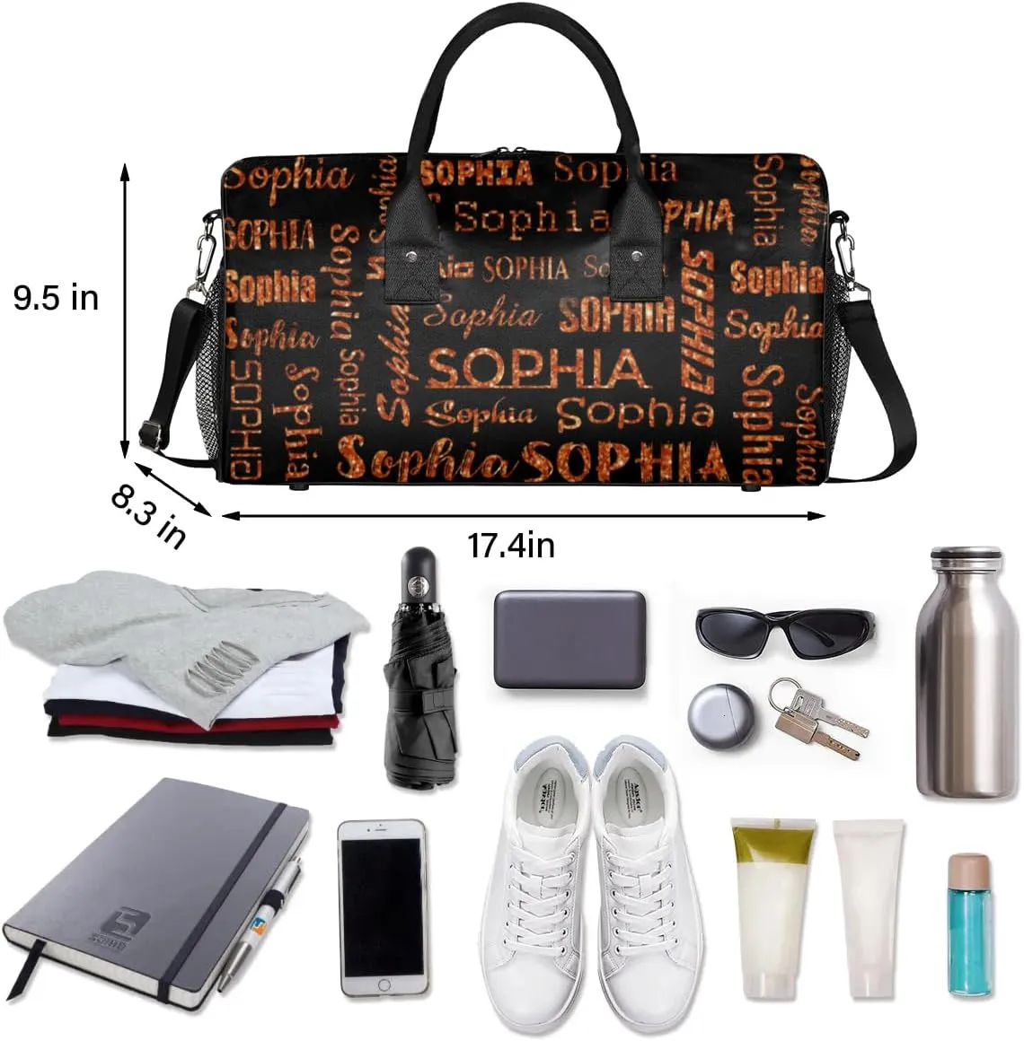 Personalized Name Travel Duffel Bag, Custom Gym Bag for Women Men, Black Overnight Weekend Bags, Dance Bag, Honeymoon Bag Personalized Gift, Dark Orange Glitter