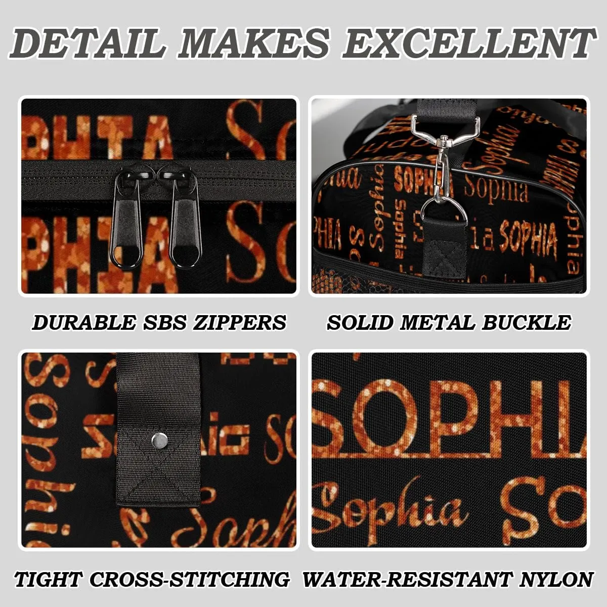 Personalized Name Travel Duffel Bag, Custom Gym Bag for Women Men, Black Overnight Weekend Bags, Dance Bag, Honeymoon Bag Personalized Gift, Dark Orange Glitter