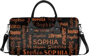 Personalized Name Travel Duffel Bag, Custom Gym Bag for Women Men, Black Overnight Weekend Bags, Dance Bag, Honeymoon Bag Personalized Gift, Dark Orange Glitter
