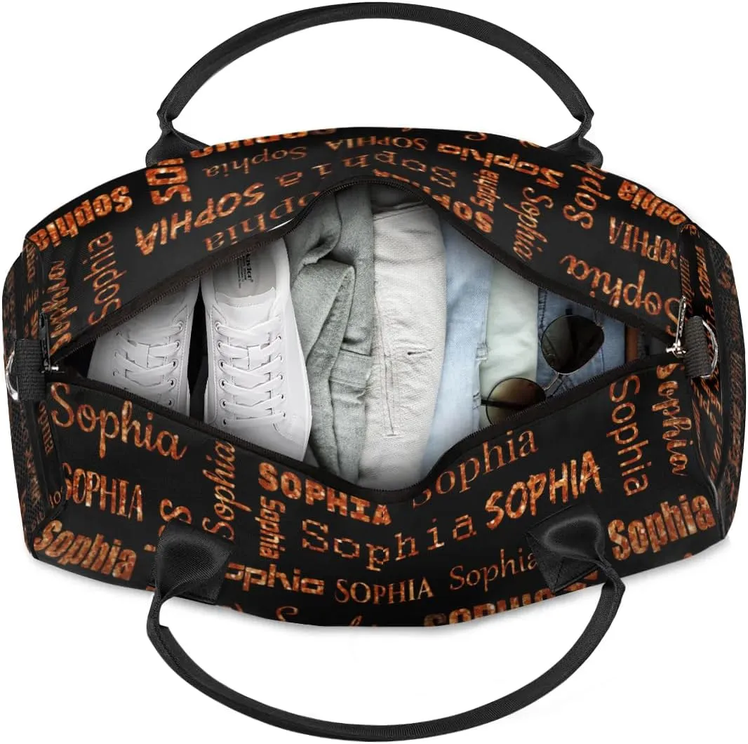 Personalized Name Travel Duffel Bag, Custom Gym Bag for Women Men, Black Overnight Weekend Bags, Dance Bag, Honeymoon Bag Personalized Gift, Dark Orange Glitter