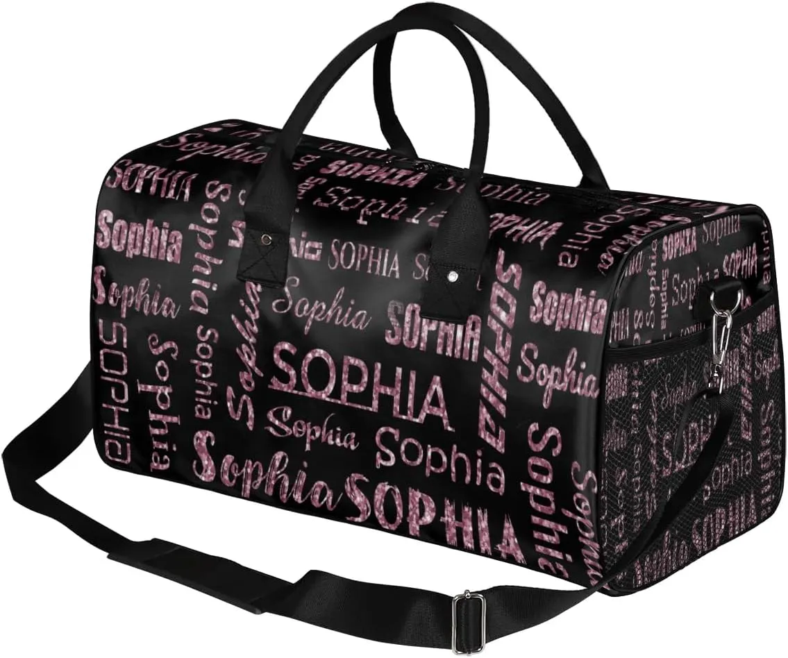 Personalized Name Travel Duffel Bag, Custom Gym Bag for Women Men, Black Overnight Weekend Bags, Dance Bag, Honeymoon Bag Personalized Gift, Dark Pink Glitter