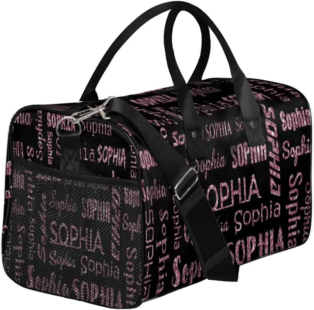 Personalized Name Travel Duffel Bag, Custom Gym Bag for Women Men, Black Overnight Weekend Bags, Dance Bag, Honeymoon Bag Personalized Gift, Dark Pink Glitter