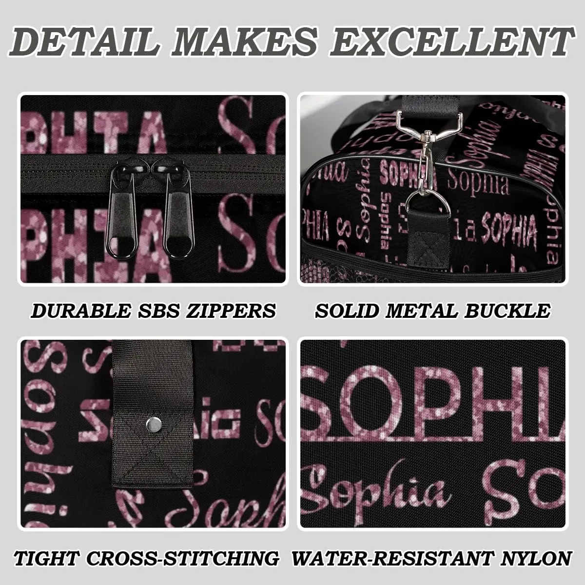 Personalized Name Travel Duffel Bag, Custom Gym Bag for Women Men, Black Overnight Weekend Bags, Dance Bag, Honeymoon Bag Personalized Gift, Dark Pink Glitter