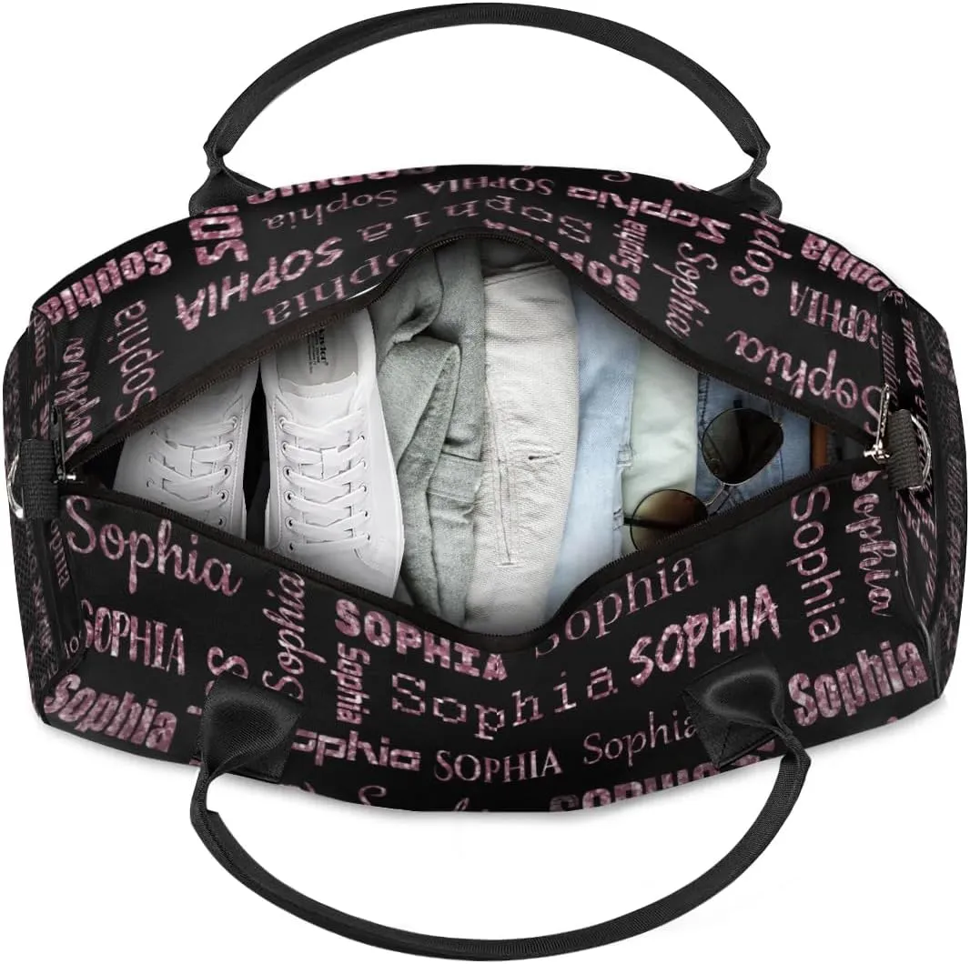 Personalized Name Travel Duffel Bag, Custom Gym Bag for Women Men, Black Overnight Weekend Bags, Dance Bag, Honeymoon Bag Personalized Gift, Dark Pink Glitter