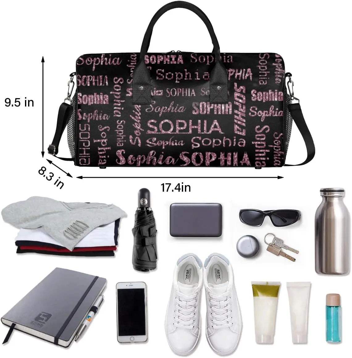 Personalized Name Travel Duffel Bag, Custom Gym Bag for Women Men, Black Overnight Weekend Bags, Dance Bag, Honeymoon Bag Personalized Gift, Dark Pink Glitter