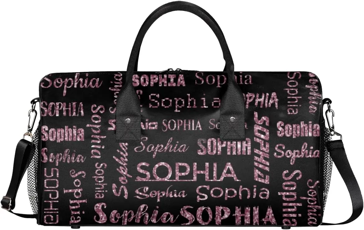 Personalized Name Travel Duffel Bag, Custom Gym Bag for Women Men, Black Overnight Weekend Bags, Dance Bag, Honeymoon Bag Personalized Gift, Dark Pink Glitter