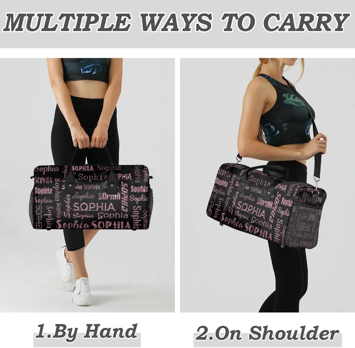 Personalized Name Travel Duffel Bag, Custom Gym Bag for Women Men, Black Overnight Weekend Bags, Dance Bag, Honeymoon Bag Personalized Gift, Dark Pink Glitter