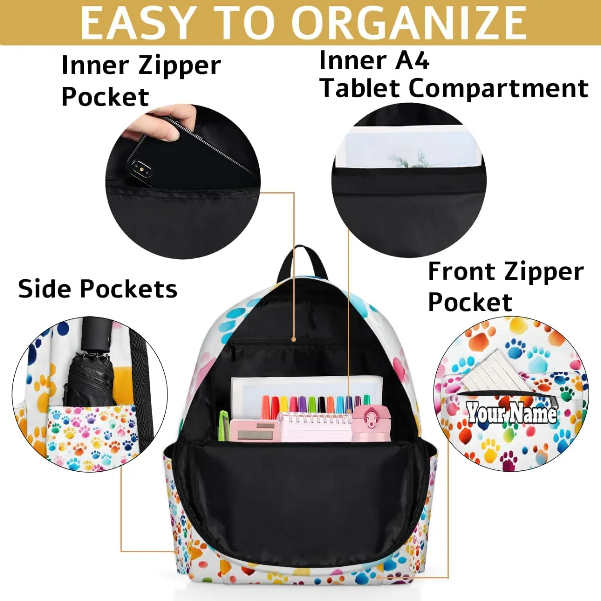 Personalized Paw Print Colorful Preschool Toddler Backpack for Boys Girls Custom Kids Name Small Bookbags Kindergarten Elementary Backpack, Paw Print