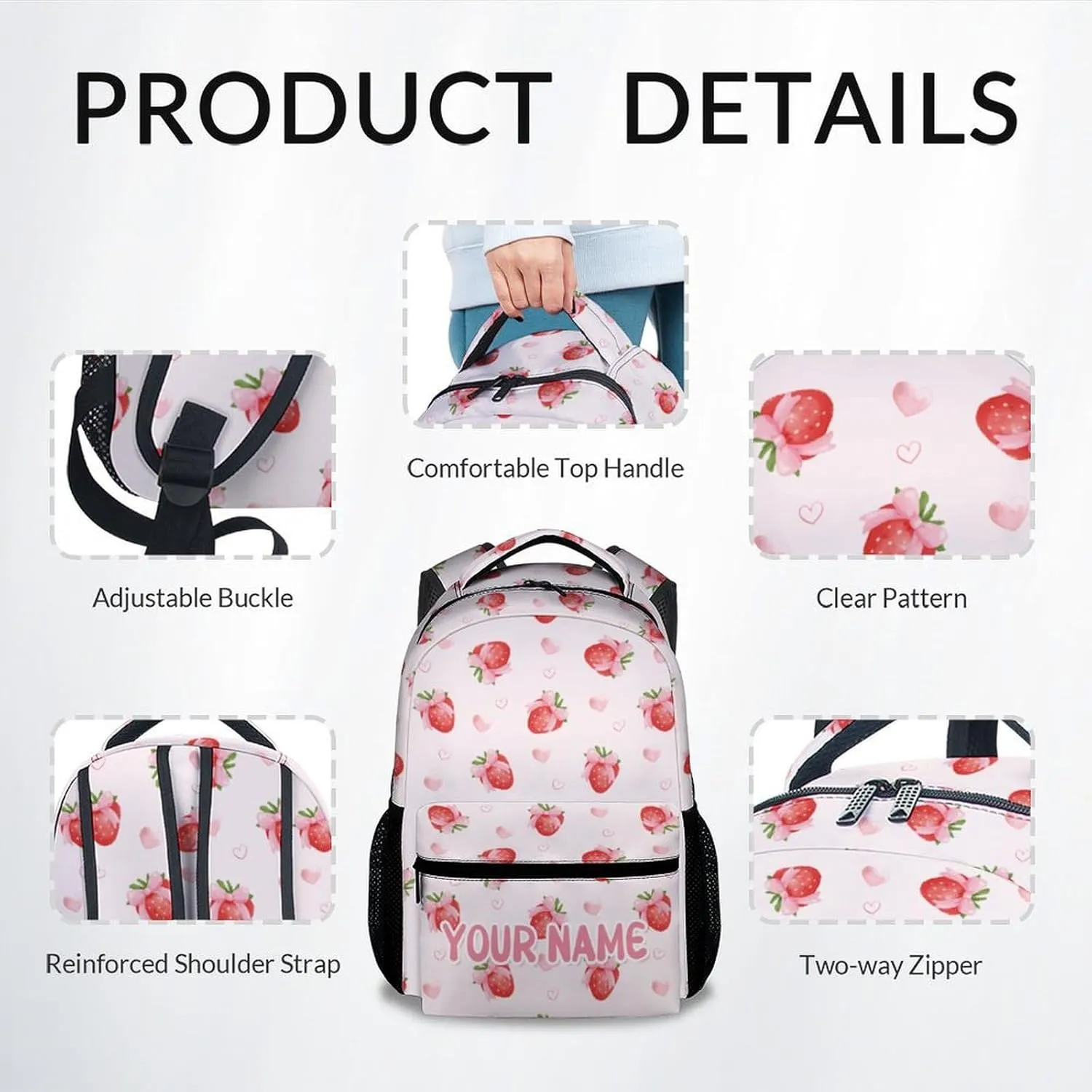 Personalized School Bag for Girls - Pink Durable Aesthetic Kid Backpack - 17 Inch Large Capacity Strawberry Bookbag for School, Travel and Camp