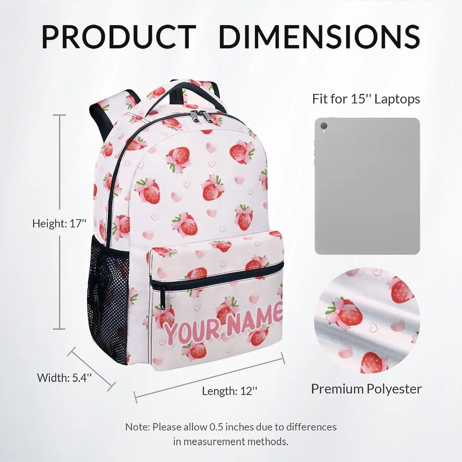 Personalized School Bag for Girls - Pink Durable Aesthetic Kid Backpack - 17 Inch Large Capacity Strawberry Bookbag for School, Travel and Camp