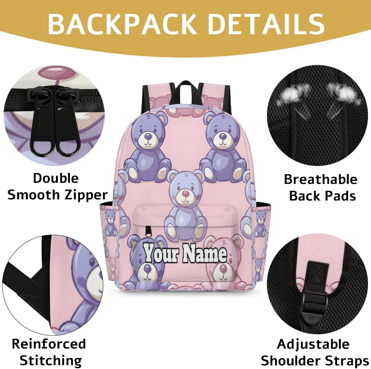 Personalized Teddy Bear Preschool Toddler Backpack for Boys Girls Custom Kids Name Small Bookbags Kindergarten Elementary Backpack, Cute Bear Dolls Print