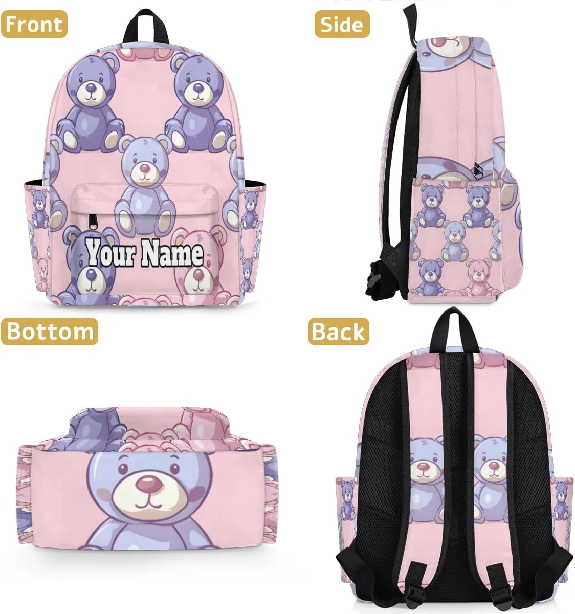Personalized Teddy Bear Preschool Toddler Backpack for Boys Girls Custom Kids Name Small Bookbags Kindergarten Elementary Backpack, Cute Bear Dolls Print