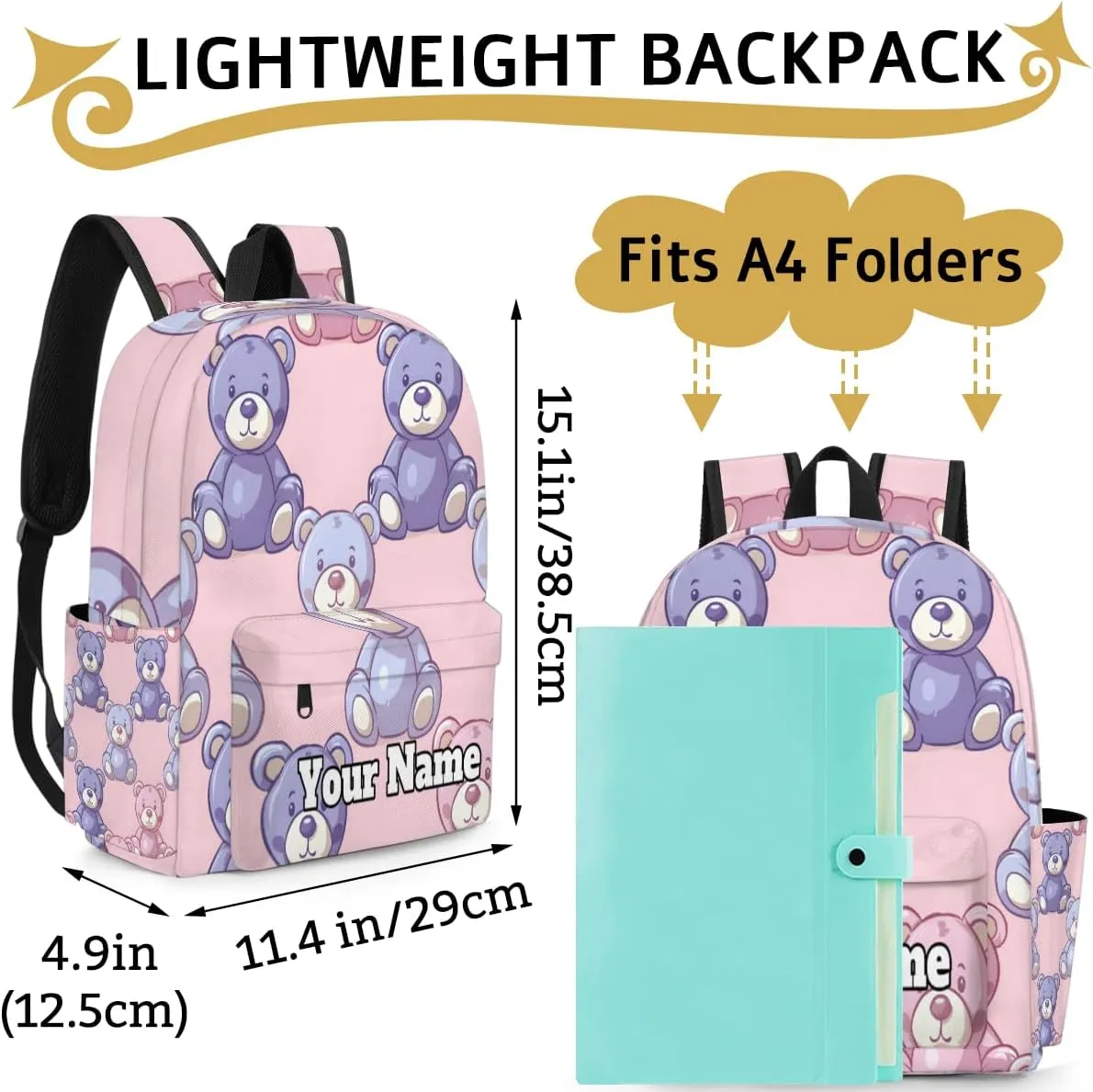 Personalized Teddy Bear Preschool Toddler Backpack for Boys Girls Custom Kids Name Small Bookbags Kindergarten Elementary Backpack, Cute Bear Dolls Print