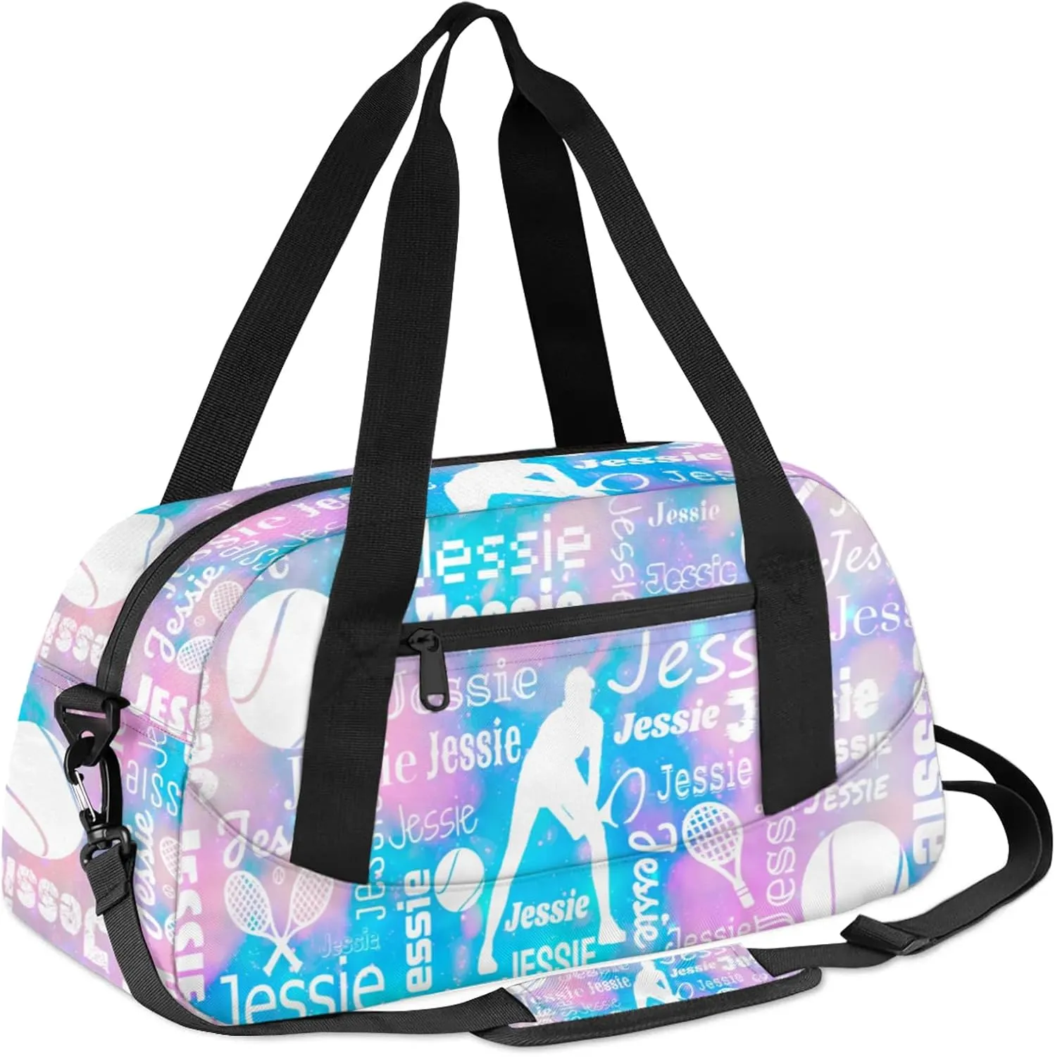 Personalized Tennis Sport Duffel Bag Custom Sports Bag Travel Overnight Shoulder Bags Customized Gifts for Women Men, Blue Pink Glitter