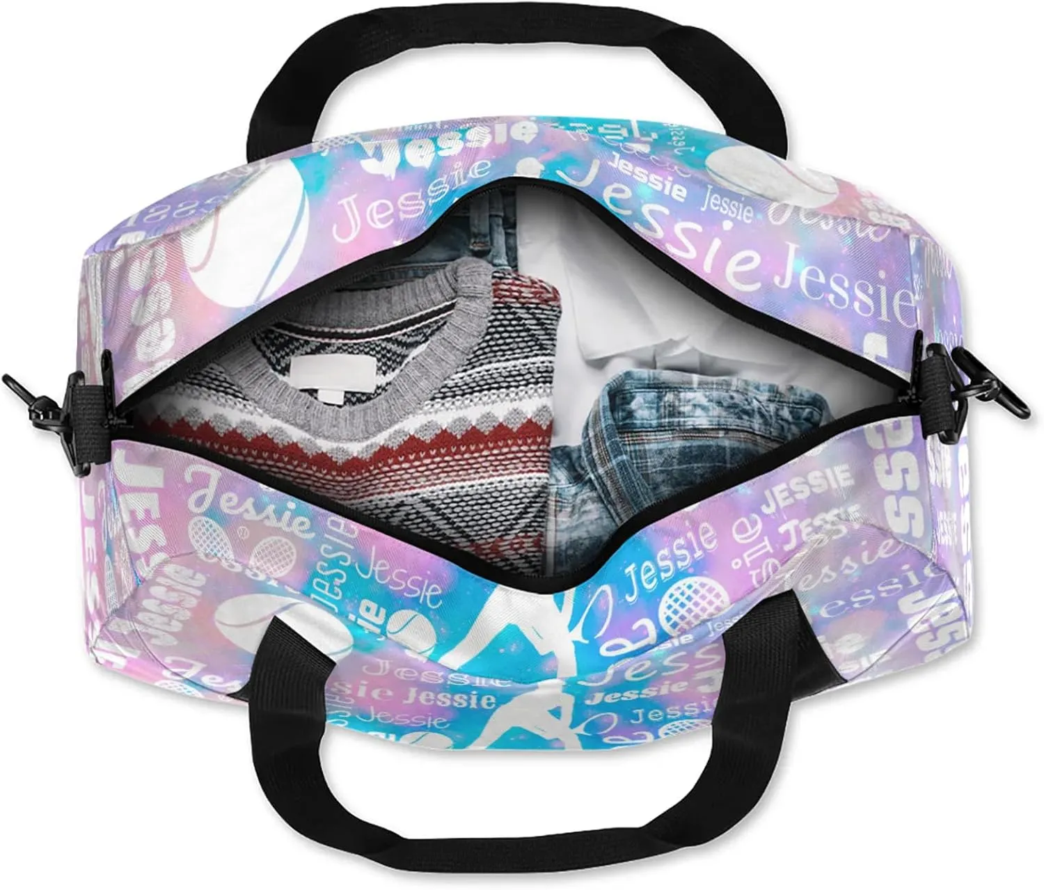 Personalized Tennis Sport Duffel Bag Custom Sports Bag Travel Overnight Shoulder Bags Customized Gifts for Women Men, Blue Pink Glitter