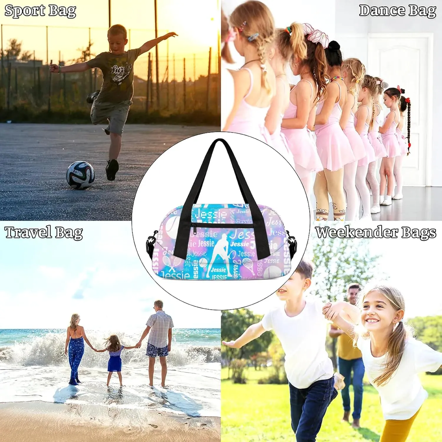Personalized Tennis Sport Duffel Bag Custom Sports Bag Travel Overnight Shoulder Bags Customized Gifts for Women Men, Blue Pink Glitter