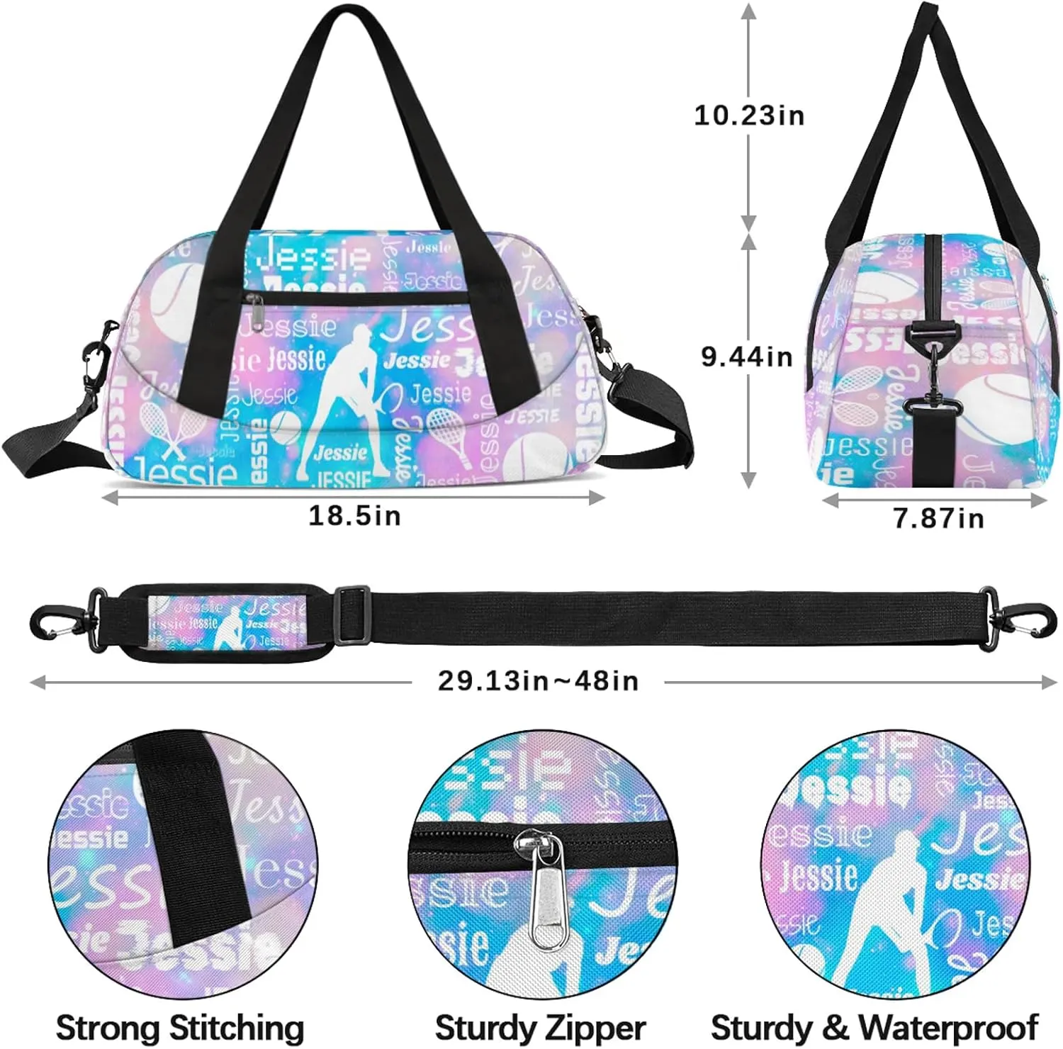 Personalized Tennis Sport Duffel Bag Custom Sports Bag Travel Overnight Shoulder Bags Customized Gifts for Women Men, Blue Pink Glitter