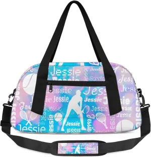 Personalized Tennis Sport Duffel Bag Custom Sports Bag Travel Overnight Shoulder Bags Customized Gifts for Women Men, Blue Pink Glitter