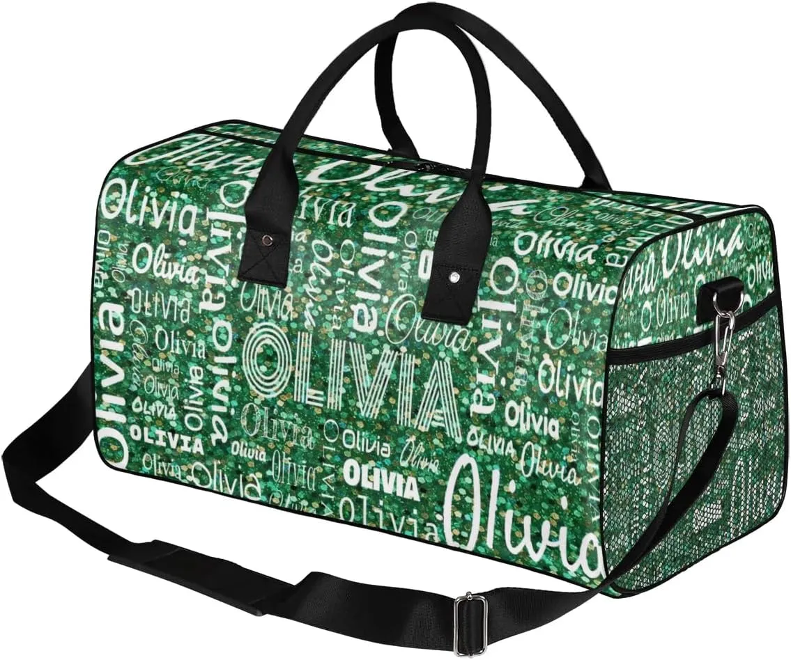 Personalized Travel Duffel Bag for Women Men, Custom Gym Duffel Bags with Name Cheer Sports Overnight Weekender Bags, Grass Green Glitter Birthday Gift (No Glitter)
